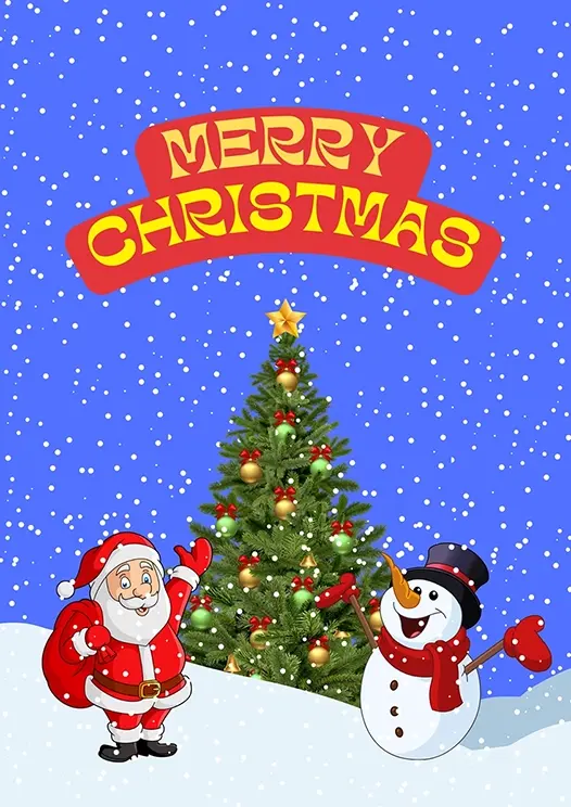 Thumbnail: Christmas Card Front - "Merry Christmas" with a jolly Santa and a beaming snowman