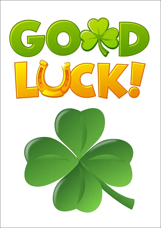 Thumbnail: Good Luck Card Front - "Good Luck" with green and gold lettering with a horseshoe and large shamrock