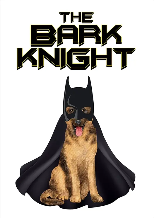 Thumbnail: Birthday Card Front - "The Bark Knight" featuring a dapper German Shepherd in a sleek cape and mask