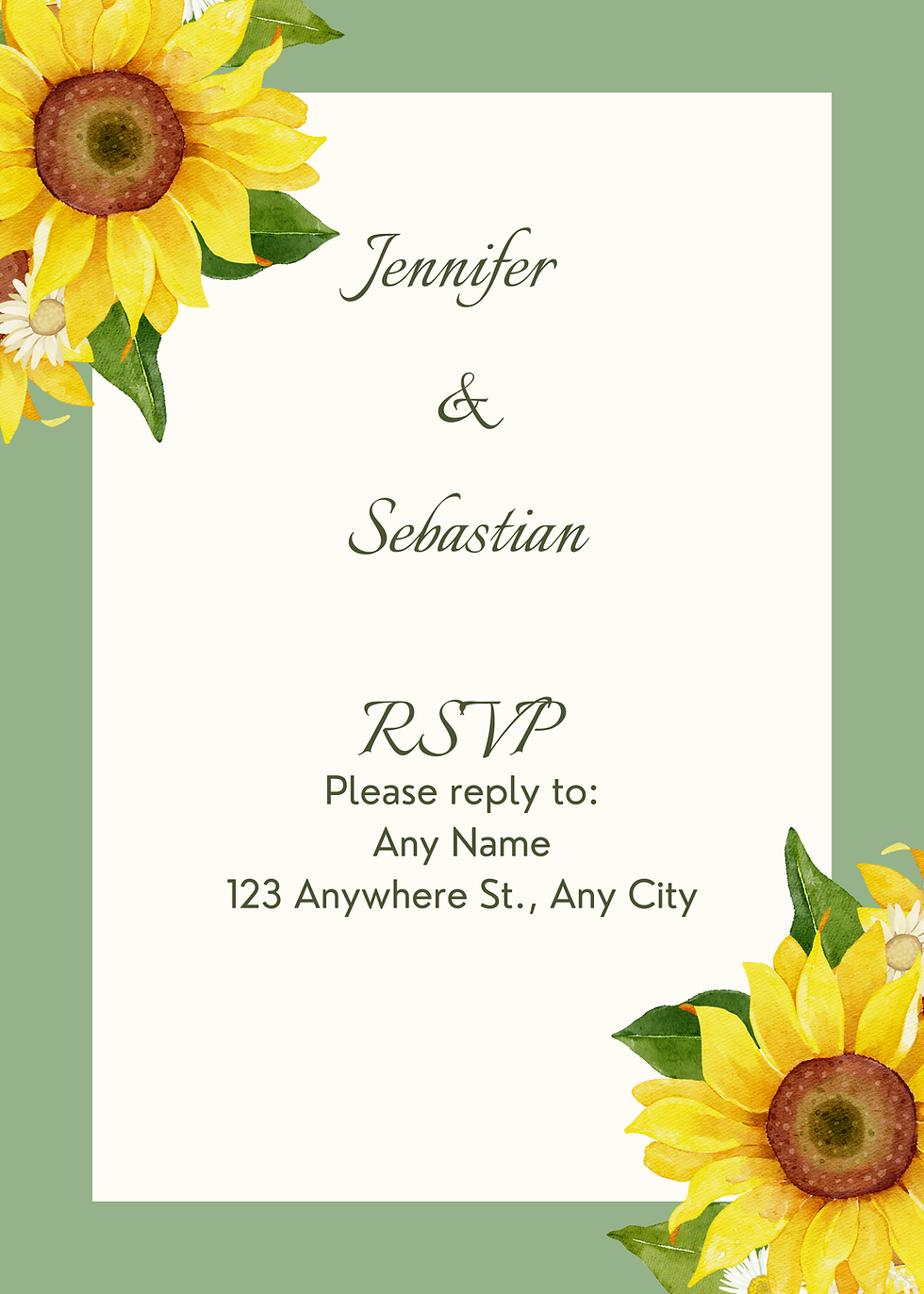 RSVP Card Set08 Front - features a soft green border with vibrant sunflower corners