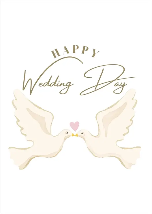 Thumbnail: Wedding Card Front - "Happy Wedding Day" features a pair of gentle doves kissing beneath a soft pink heart