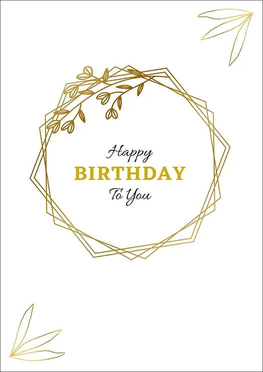 Thumbnail: Birthday Card Front -  "Happy Birthday to you" features a minimalist gold geometric wreath with subtle leaf accents