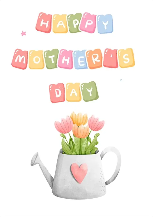 Thumbnail: Mother's Day Card Front - pastel-coloured blocks spell out “Happy Mother’s Day” above a watering can filled with tulips