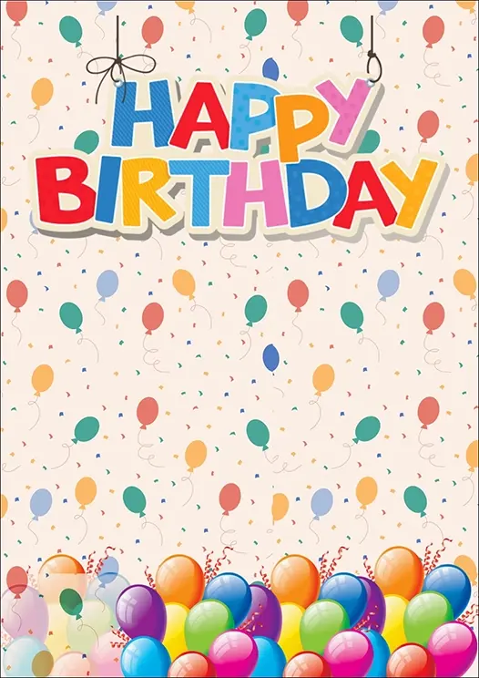 Thumbnail: Birthday Card Front -  "Happy Birthday" in a playful multicoloured letter banner suspended above a sea of vibrant balloons