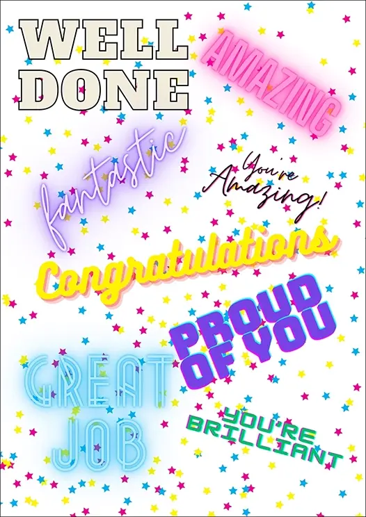 Thumbnail: Congratulations Card Front - Dynamic wordcloud in neon and retro styles against a starry confetti backdrop.