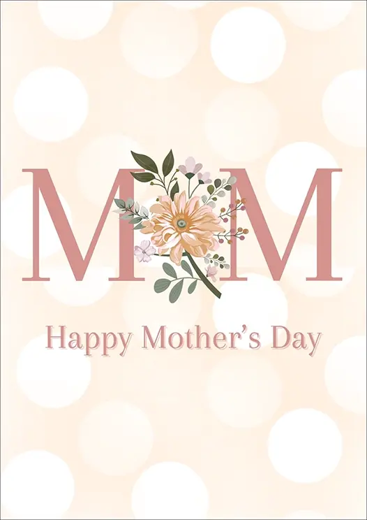 Thumbnail: Mother's Day Card Front - pastel bokeh featuring a bold MUM monogram and floral centrepiece