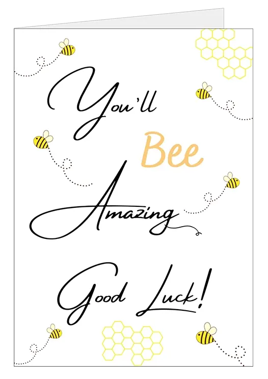 Good Luck Card 24 - featuring playful flying bees, honeycomb accents, and elegant script on bright white stock
