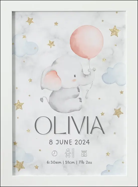 Thumbnail: Personalised Poster Print white frame - "Child's name, birth date, time, height and weight" with cute elephant and balloon