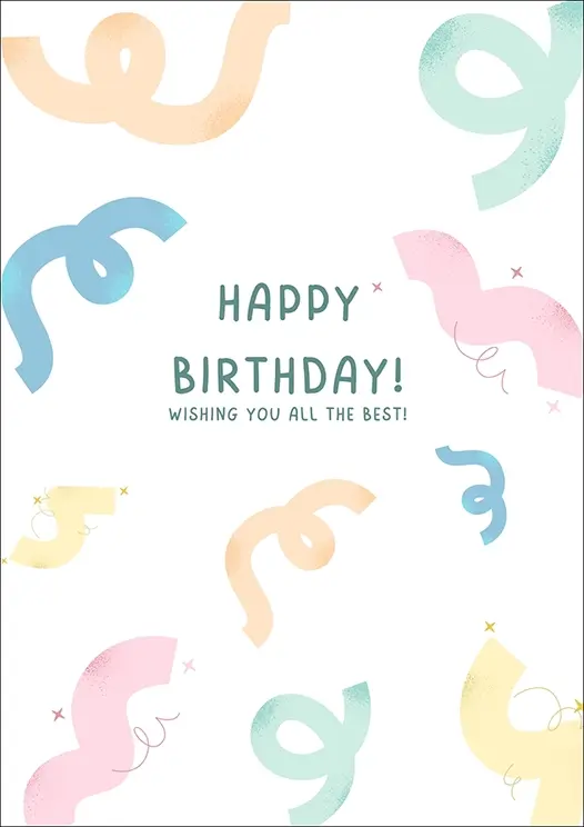 Thumbnail: Birthday Card Front - "HAPPY BIRTHDAY wishing you all the best" with swirling playful pastel ribbon-and-streamer motifs