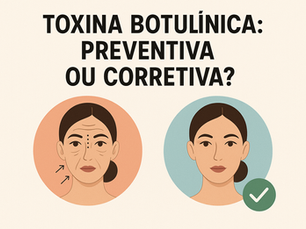 Ilustração comparando aplicação corretiva e preventiva da toxina botulínica com duas mulheres — uma com rugas e outra com a pele lisa.