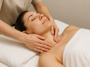 Mulher deitada em maca recebendo drenagem linfática manual na região do pescoço e colo por profissional com uniforme claro.