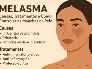 Ilustração de mulher com melasma no rosto ao lado de texto explicativo com causas e tratamentos.