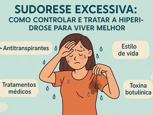 Ilustração de mulher sofrendo com sudorese excessiva nas axilas, rodeada por sugestões de tratamento como antitranspirantes, estilo de vida, toxina botulínica e tratamentos médicos.