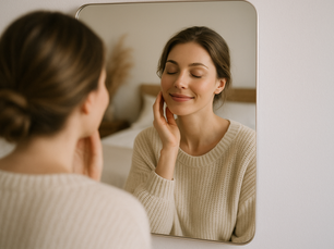 Mulher sorridente se olhando no espelho e tocando o rosto suavemente, refletindo bem-estar com a própria imagem.