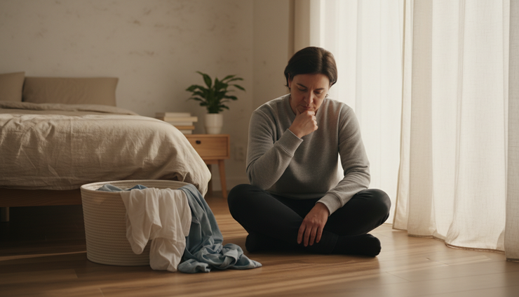 Eye-level view of a person sitting quietly on a bedroom floor beside unfolded laundry.