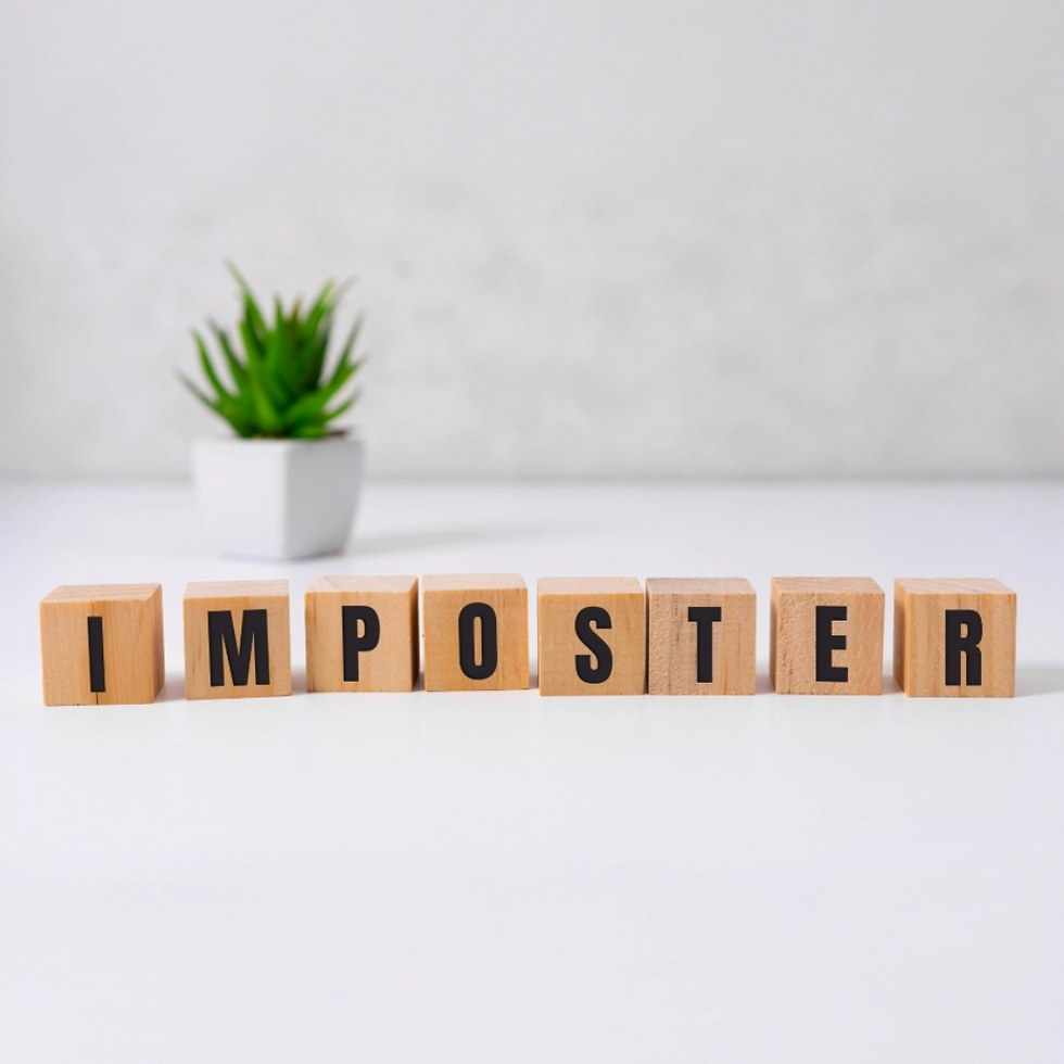 Word blocks spelling out "IMPOSTER" on a white background with a green succulent