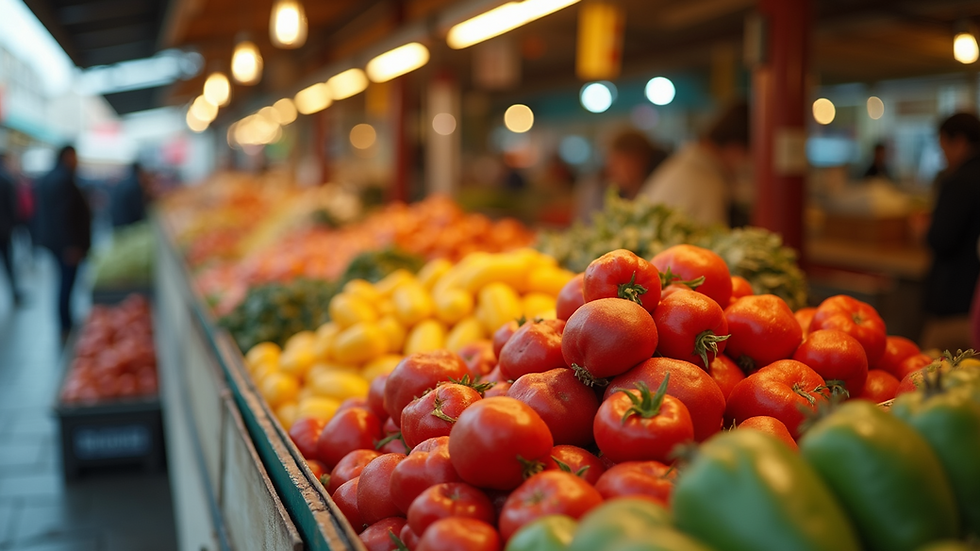 Close-up view of a vibrant food market