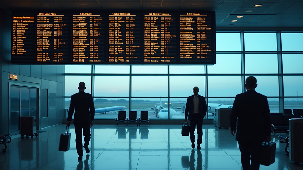 Wide angle view of an airport departure board displaying flight information