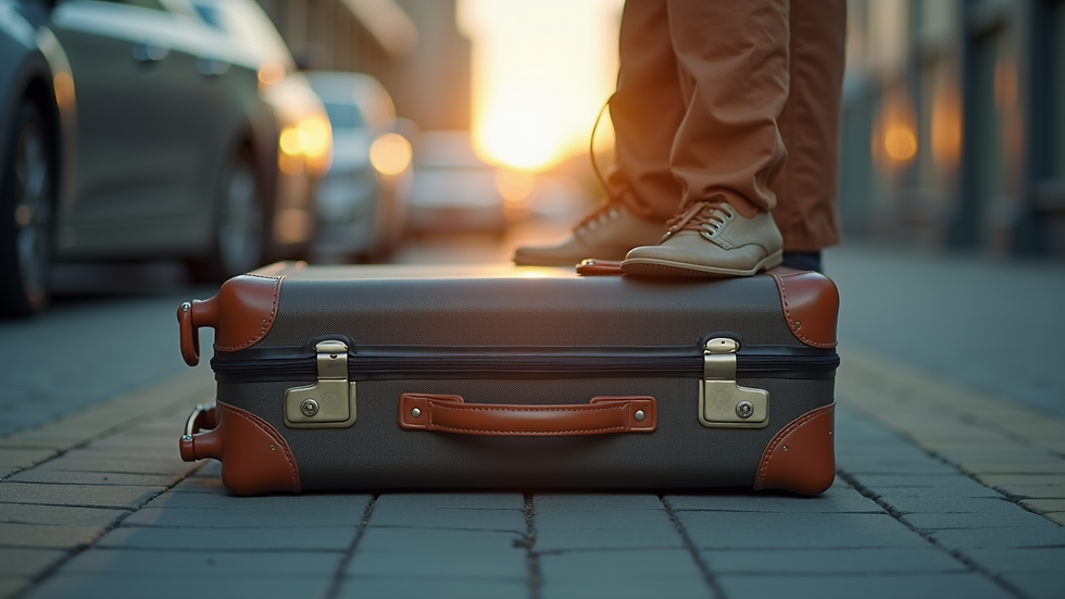 Eye-level view of a traveler's suitcase packed and ready for a trip