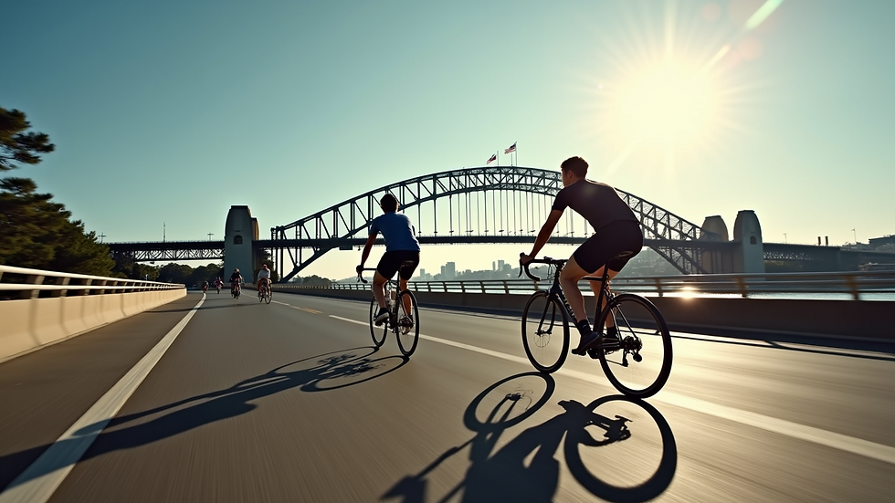 Wide angle view of cyclists riding towards Sydney Harbour Bridge