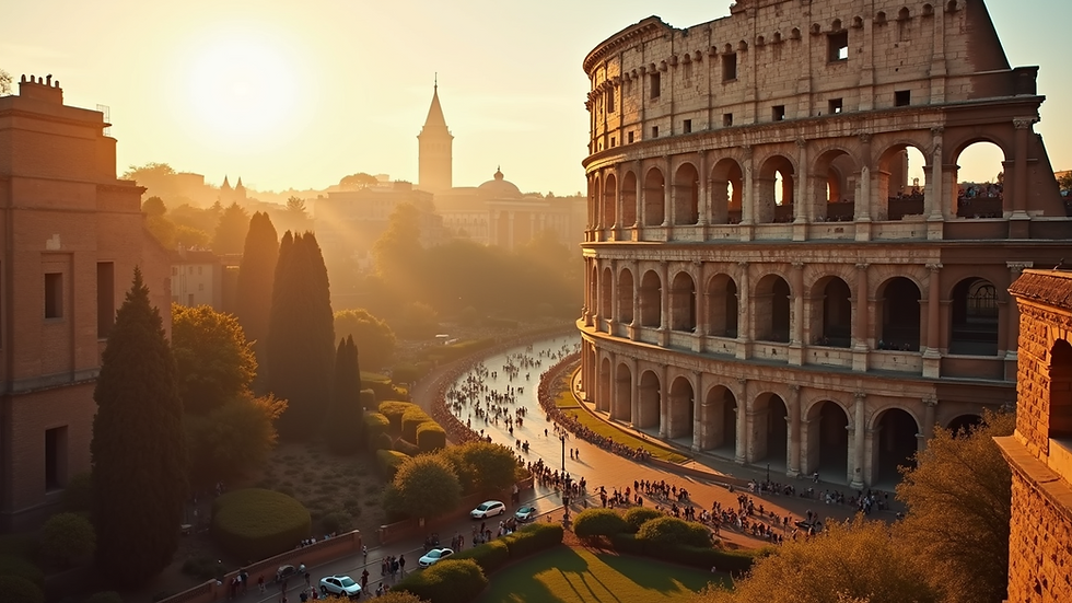 High angle view of the beautiful Colosseum bathed in golden sunlight