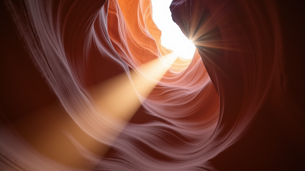 Wide angle view of the sun shining through Antelope Canyon
