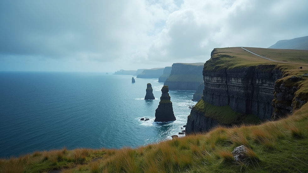 Eye-level view of dramatic cliffs against a blue sky at the Faroe Islands
