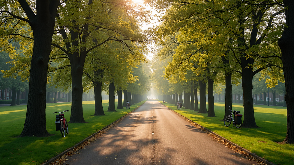 Wide angle view of Vondelpark pathways with trees and bicycles