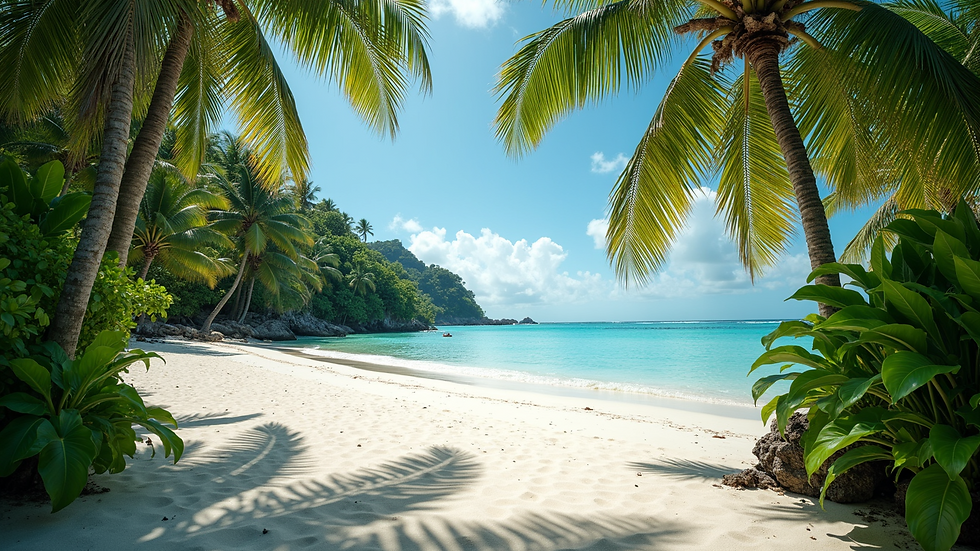 Wide angle view of secluded white sandy beach surrounded by lush tropical greenery