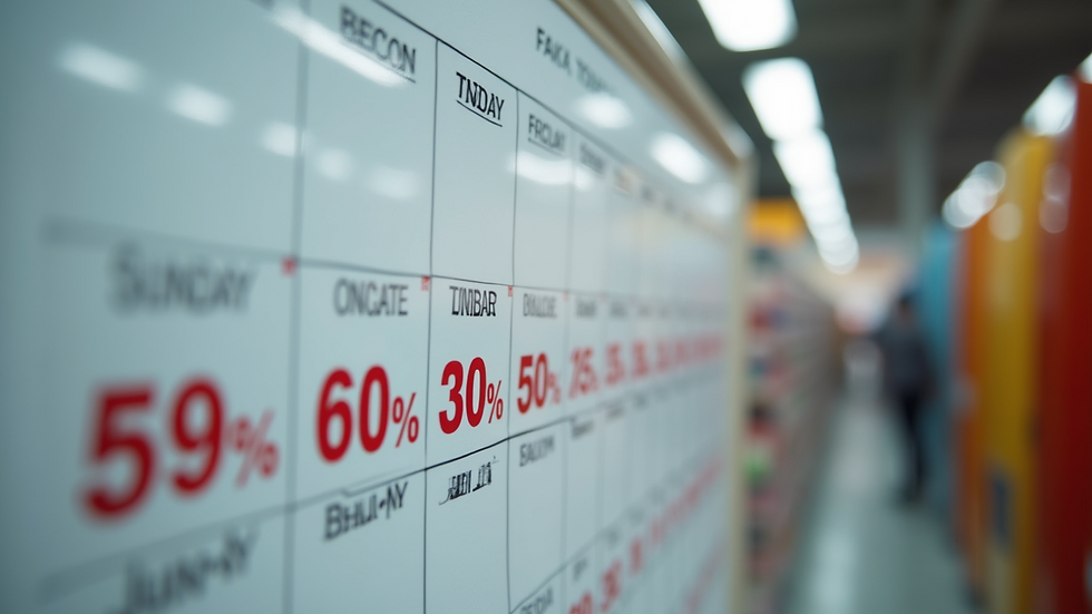 High angle view of a calendar with marked discount sale dates