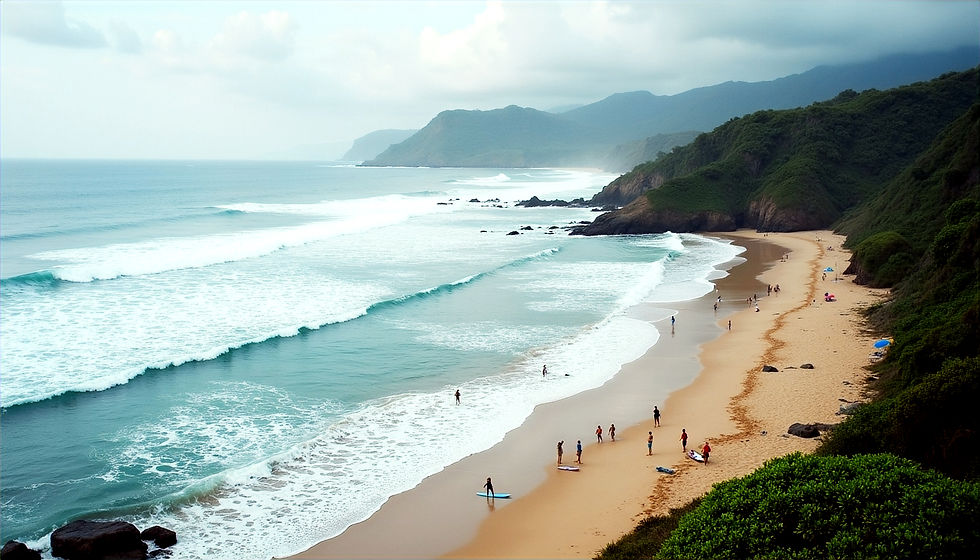 High angle view of Kuta Beach with surfers waiting for waves