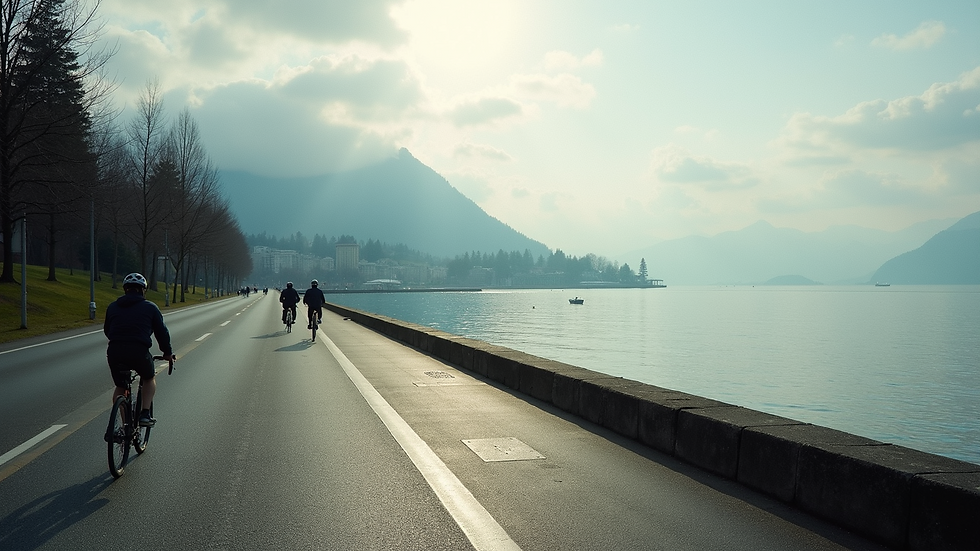High angle view of the Seawall in Stanley Park with cyclists