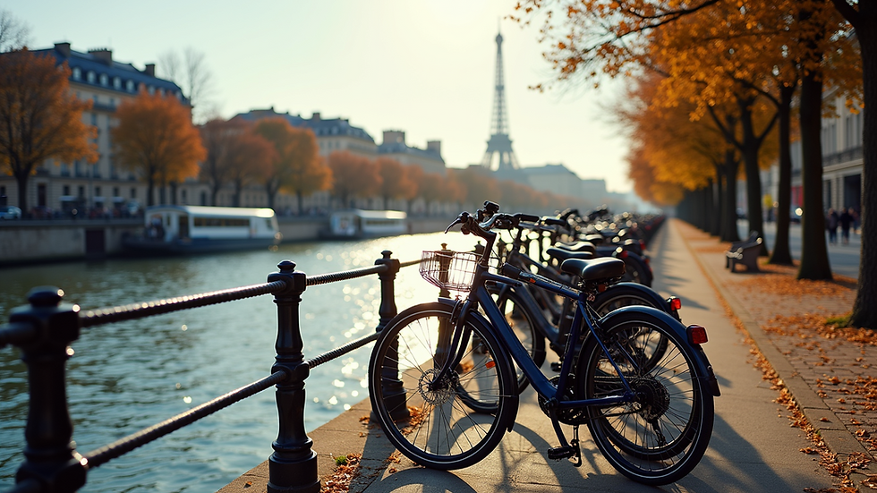 High angle view of bicycles parked along the Seine River in Paris