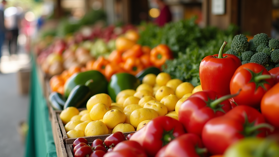 Close-up view of colorful fruits and vegetables on display at a farmers’ market