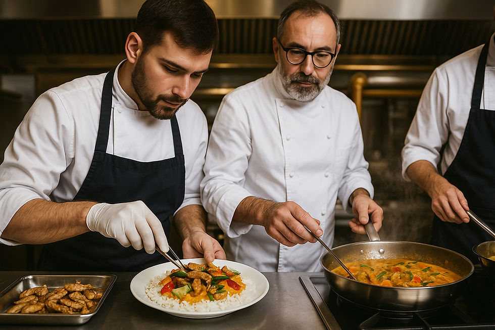 Professionelle Köche bereiten in einer Restaurantküche ein raffiniertes Gericht mit den Produkten von Feldkost zu.