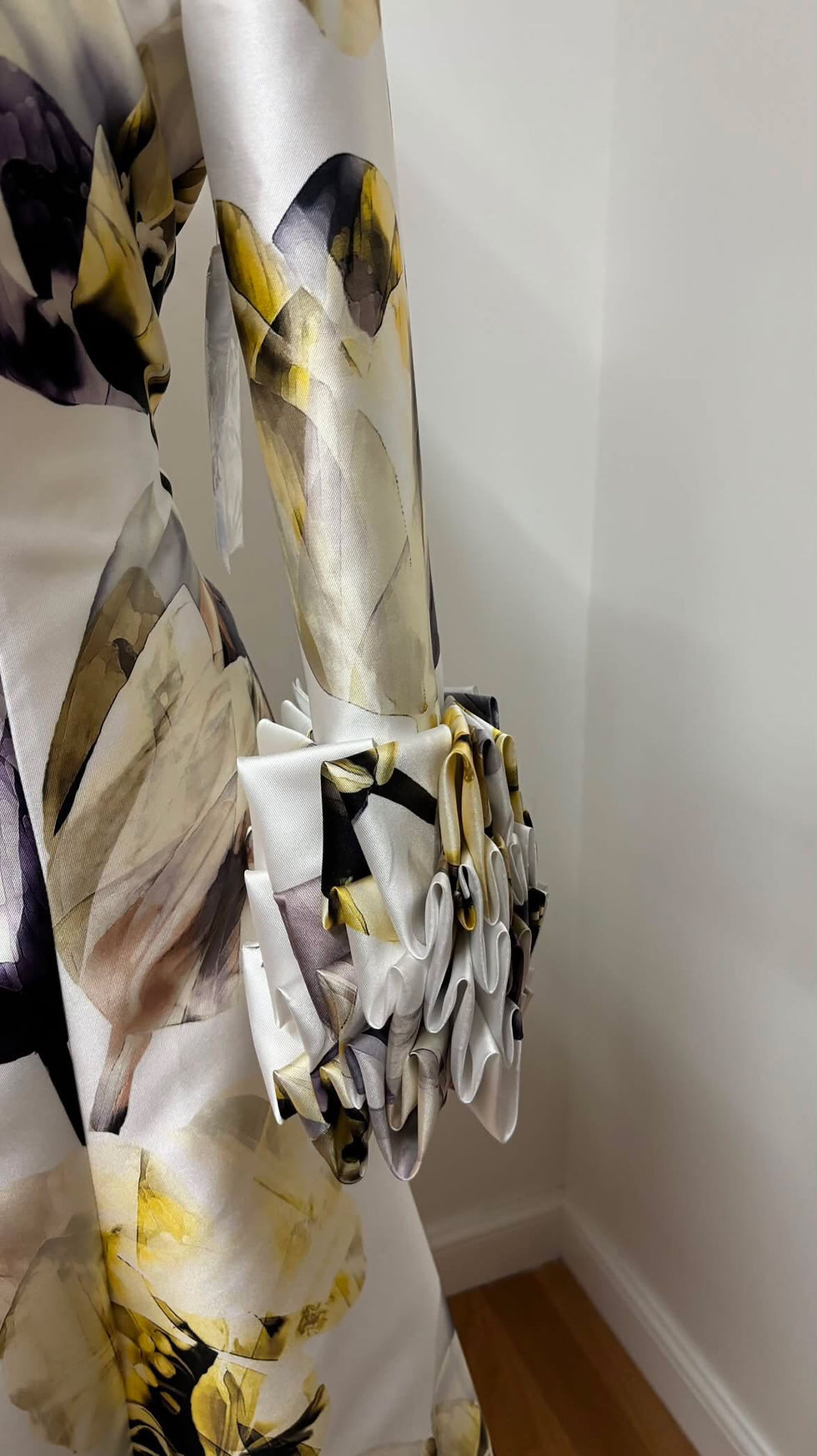 Thumbnail: Black and yellow tulip print frill sleeve dress with dipped hem