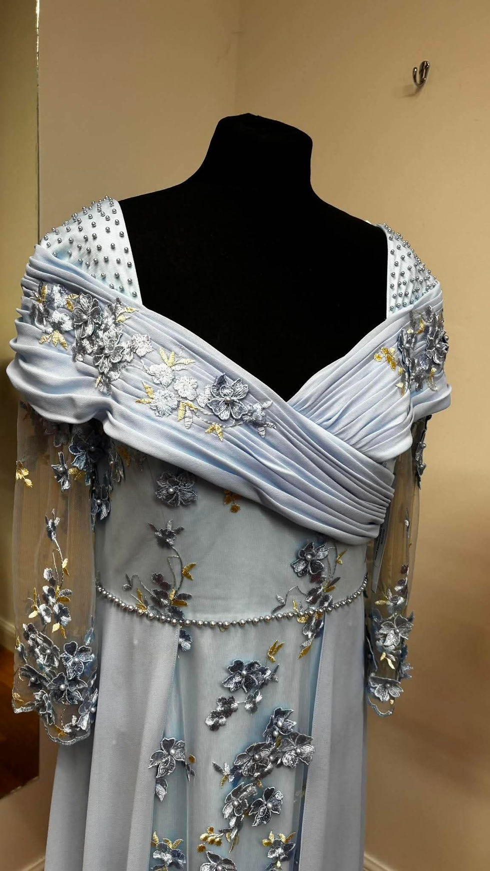 Thumbnail: 3D Floral mesh dress with cape skirt in Baby blue