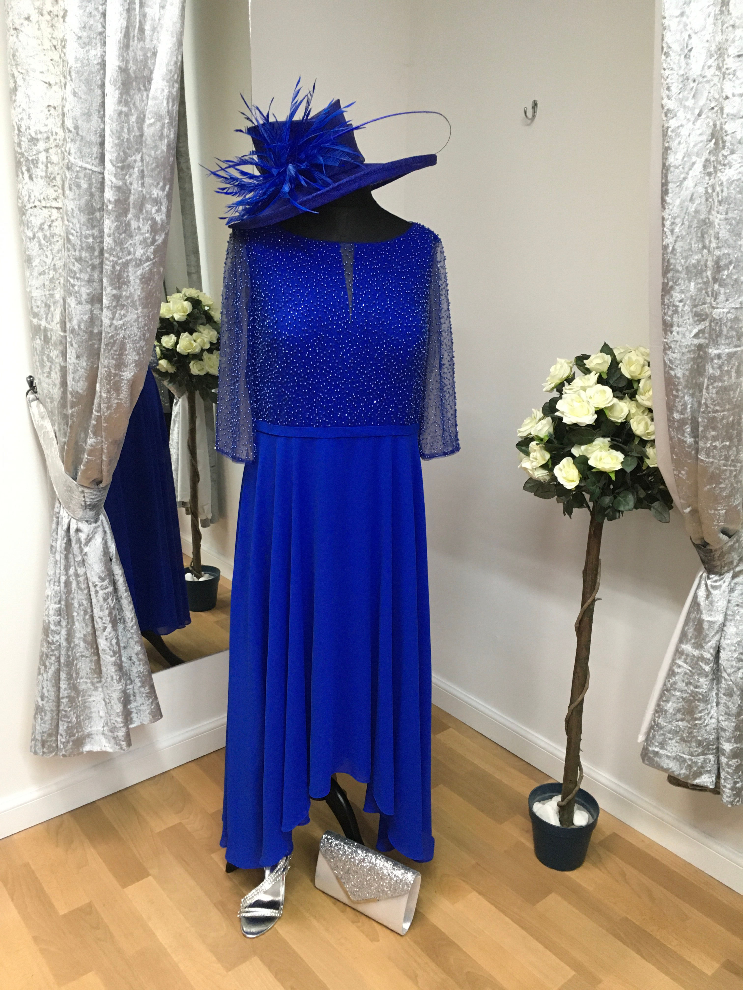 Cobalt blue dipped hem dress with beaded top