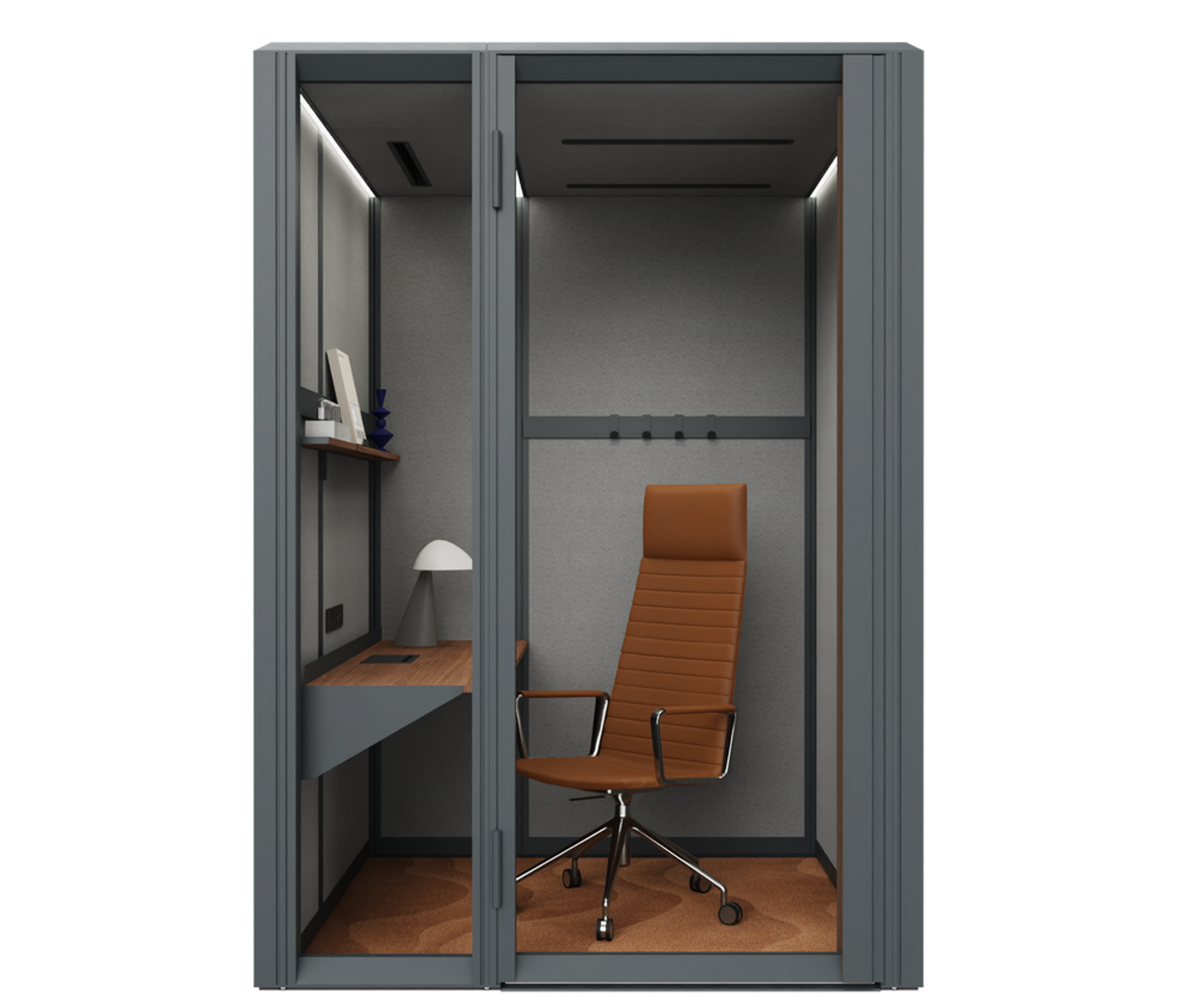 Moderne Bürobox mit braunem Drehstuhl, Schreibtisch und Lampe, grau verglast, leer vor schwarzem Hintergrund.