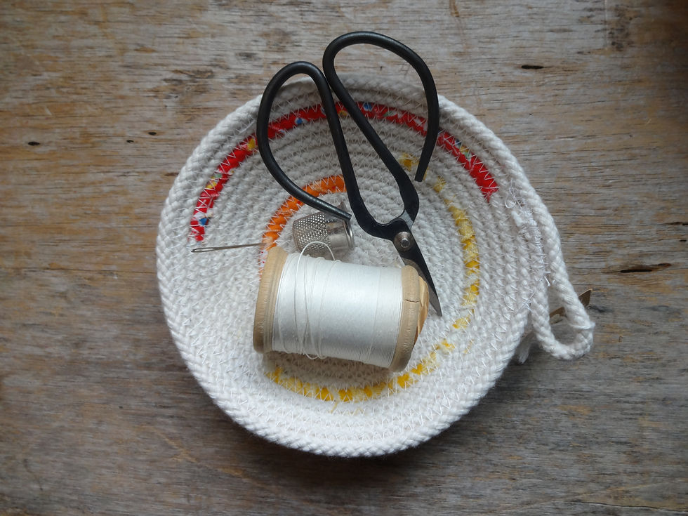 Thumbnail: Fabric Wrapped Cotton Rope Bowl: Large Warm Tones, Red, Orange, and Yellow