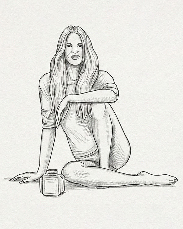 Mustavalkoinen piirros naisesta istumassa lattialla rennosti, käsi polvella ja vieressä pieni purkki. Esimerkki luonnollisesta poseerauksesta.