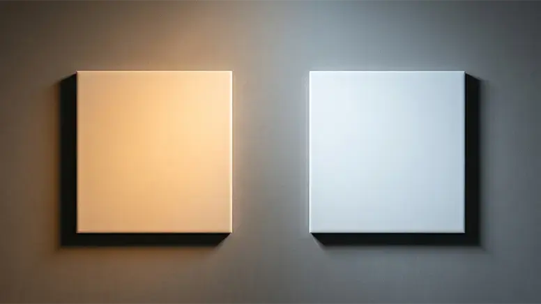 Moderni ja minimalistinen tasokuva, jossa neutraalilla harmaalla taustalla on kaksi identtistä, puhdasta valkoista posliinilaattaa rinnakkain. Vasemmanpuoleista laattaa valaisee lämmin, kultaisen oranssi valo, joka saa sen näyttämään kermaisen sävyiseltä. Oikeanpuoleista laattaa valaisee kirkas, kylmän sininen valo, joka korostaa sen puhtaanvalkoista sävyä ja saa sen näyttämään hieman sinertävältä. Tausta pysyy neutraalina ja varjot ovat pehmeät, havainnollistaen valon värilämpötilan vaikutusta valkoiseen pintaan.