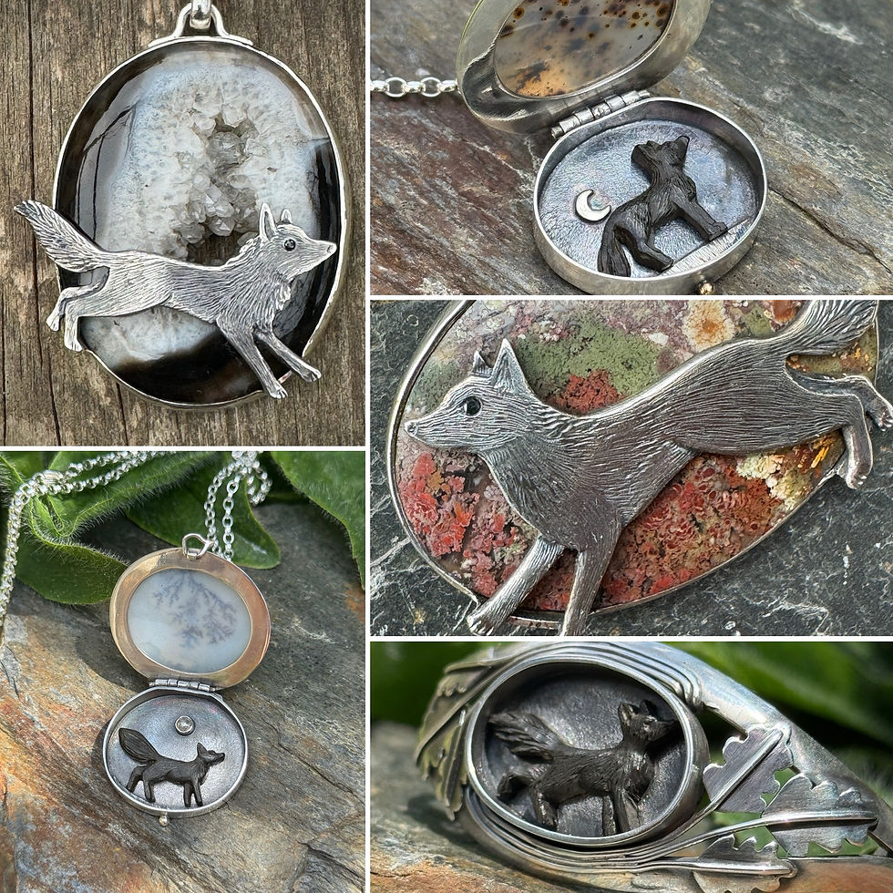 Black fox jewellery including some Jet foxes from the Wild Folk exhibition.