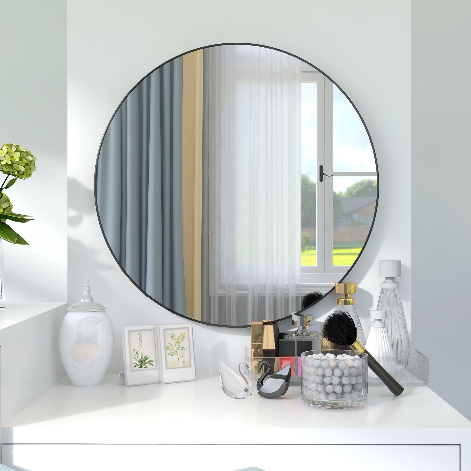 24"Round Black Metal Framed Mirror