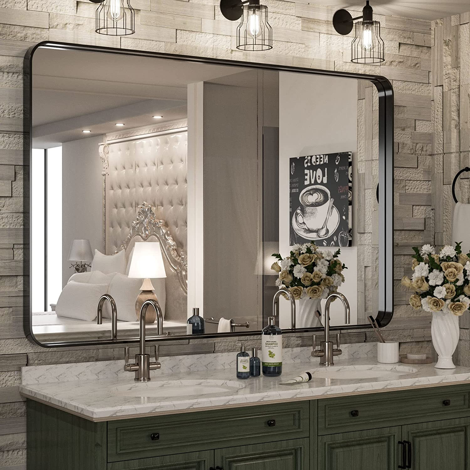 48"X36" Black Frame Wall Mounted Bathroom Vanity Mirror