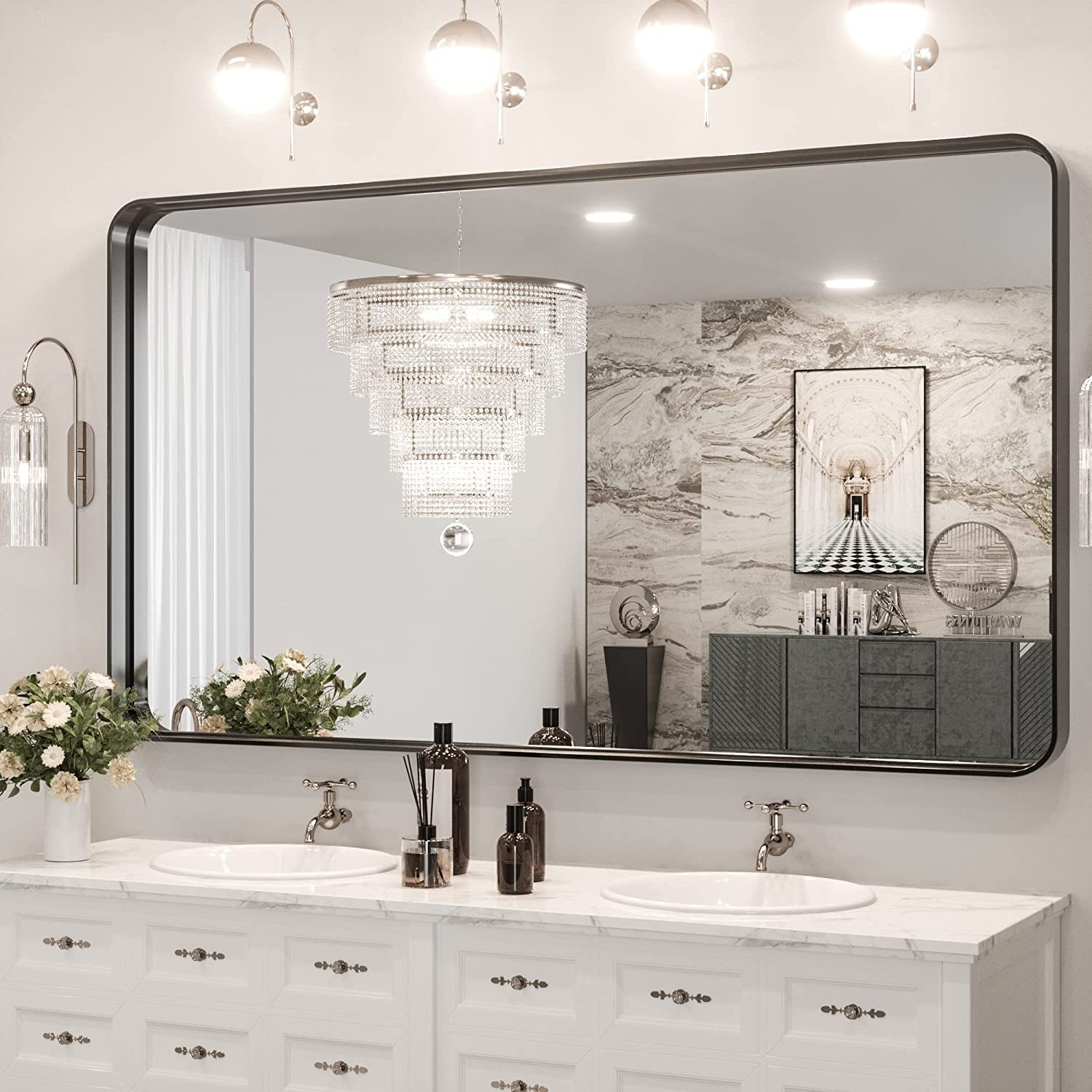 60"X36" Black Frame Wall Mounted Bathroom Vanity Mirror