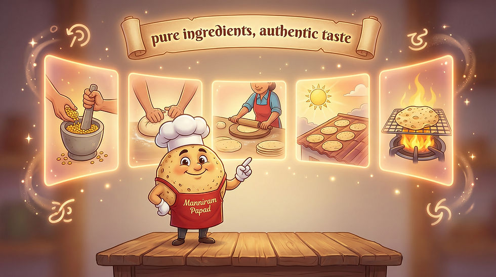 The character stands proudly on a small stage wearing a chef apron labeled ‘Manniram Papad’ and points to floating animated panels showing grinding lentils, kneading dough, rolling thin papad, sun drying, and roasting over flame. Each step glows warmly with soft magical lighting. Above the timeline floats a gentle banner reading ‘pure ingredients, authentic taste.