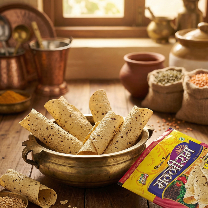Roasted moong papad served in bowl with Manniram papad packet in background, authentic Bikaneri papad serving style
