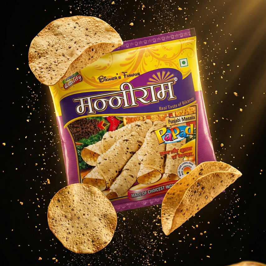 Manniram Bikaneri moong papad packet with crispy roasted papad pieces floating, premium Indian papad snack product shot