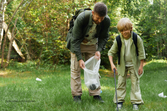A man and a boy pick up trash together in a park.